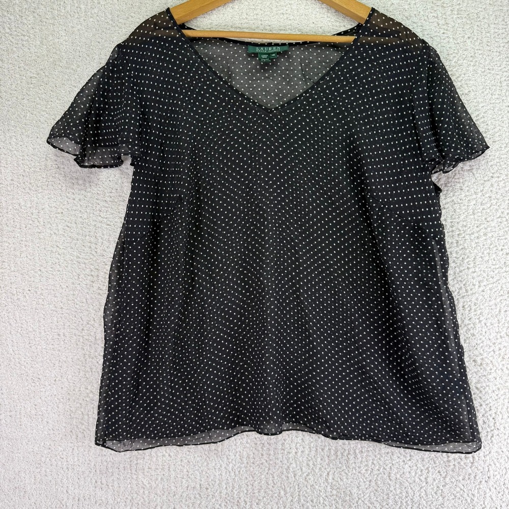 Lauren Ralph‎ Lauren Women 100% Silk Polka Dot Flutter Sleeve Blouse Size 14W